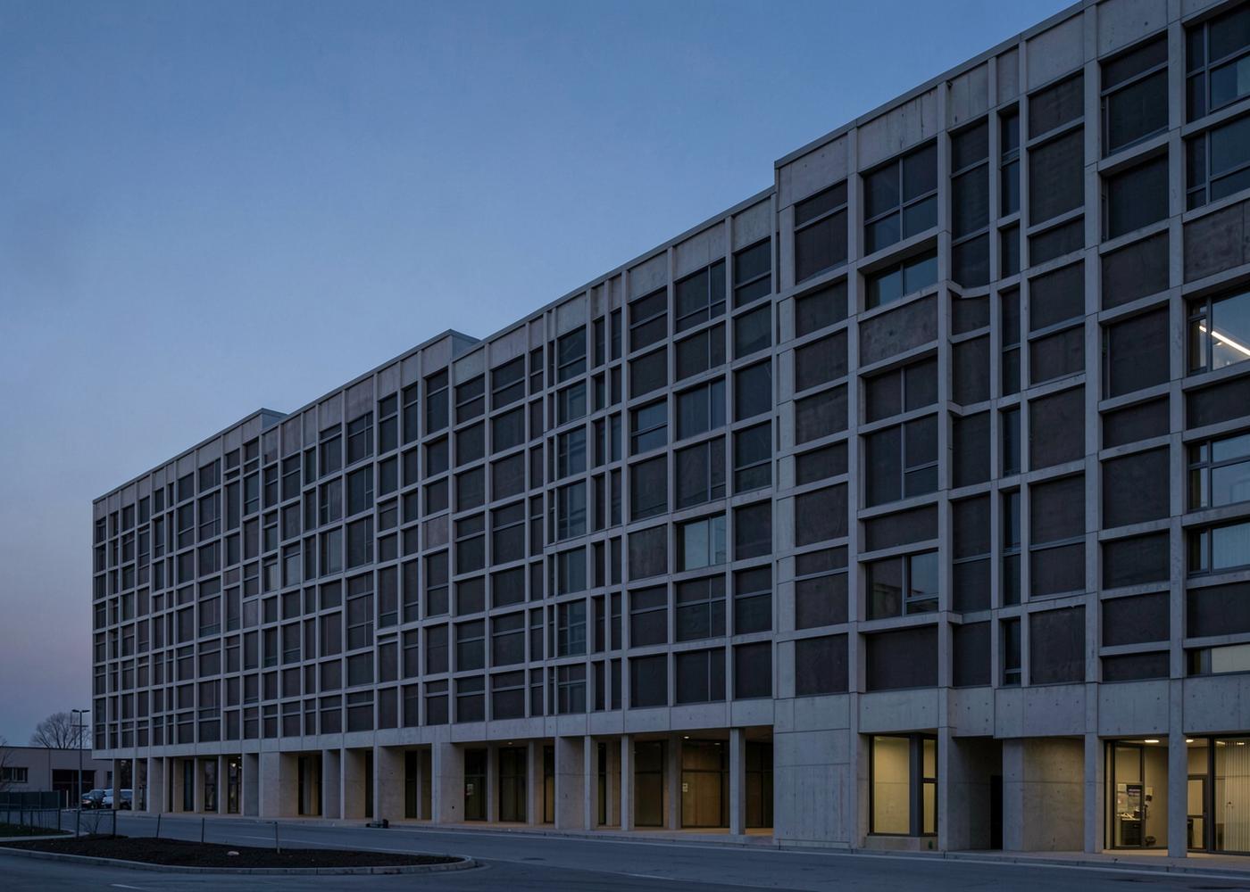 Concrete grid facade of a data centre building at dusk