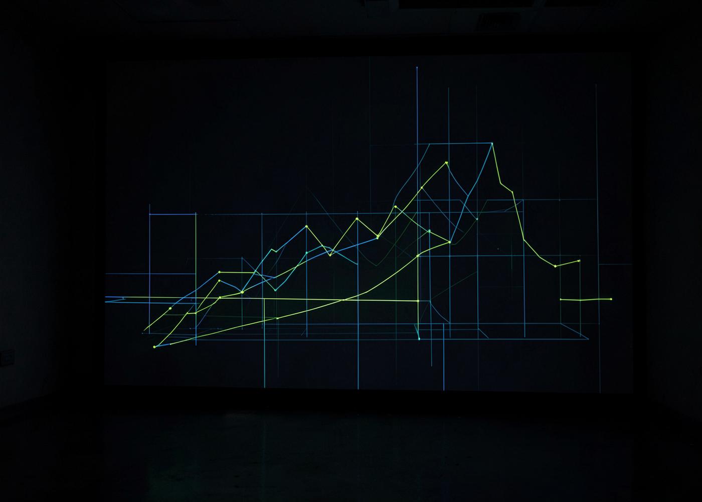 Line graph rendered in green and blue on a large screen in a darkened room
