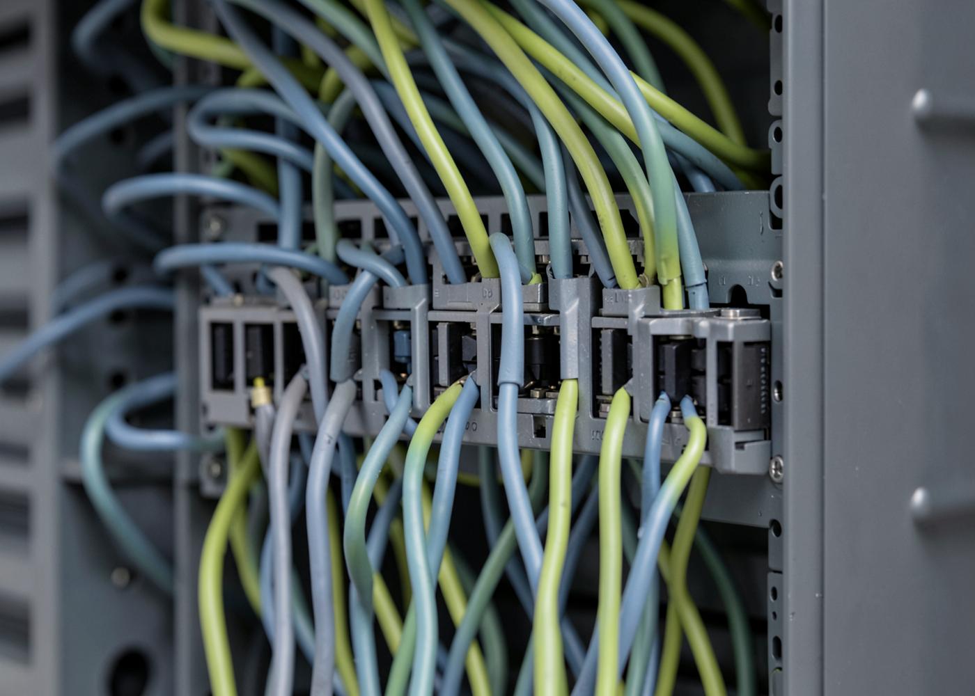 Blue and green network cables terminated into a patch panel in a server rack