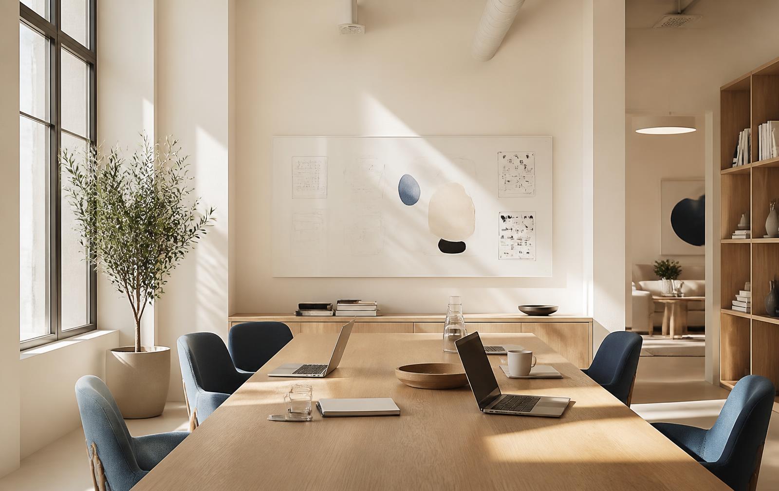 Calm, light-filled meeting room with a long wooden table, laptops and a whiteboard of diagrams